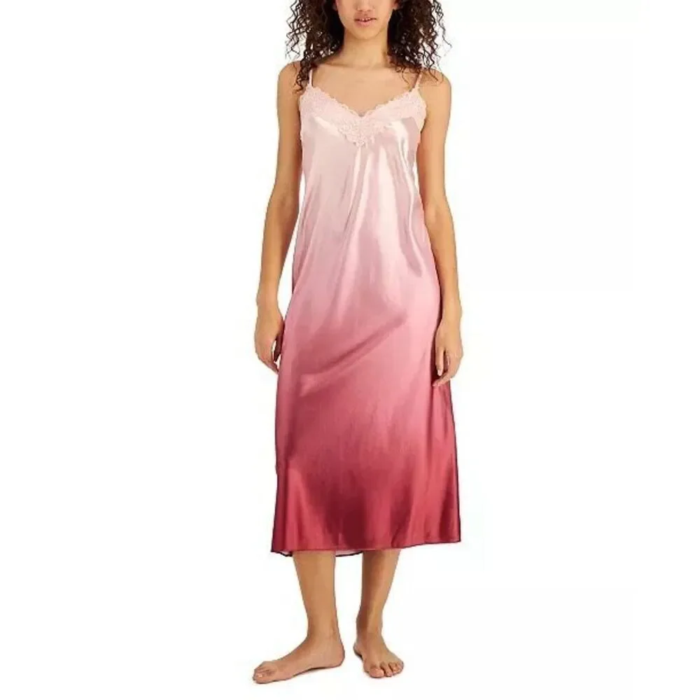 Satin rose ombre nightgown slip dress spaghetti strap intimates INC medium